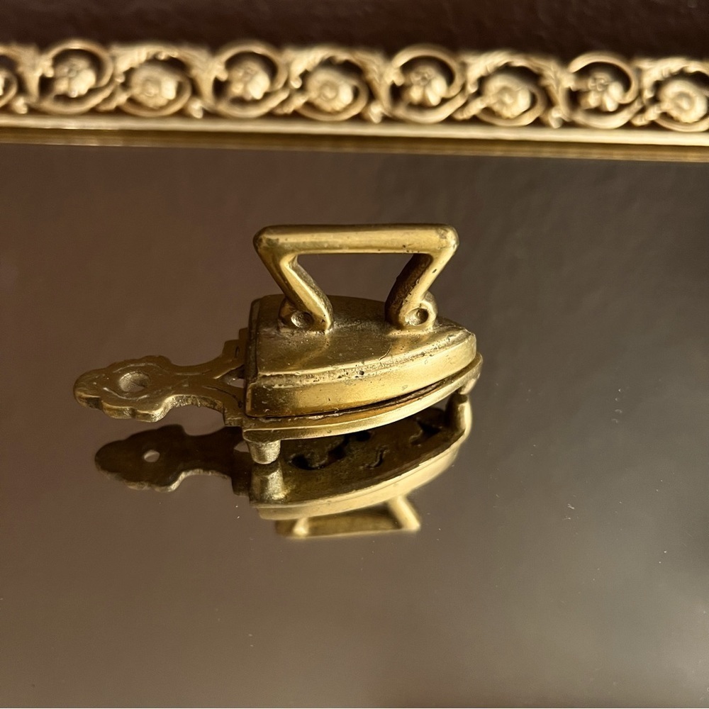 Antique Vintage Miniature brass Iron With Trivet Stand 2 pieces.